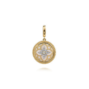 Gabriel & Co. PT6615Y45WM 14 karat yellow gold Bujukan pendant, front view of the beaded rim disc, petal frame and diamond flower