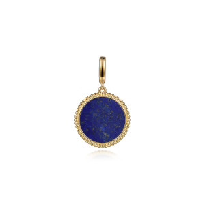 Gabriel & Co. PT6617Y4JLP 14 karat yellow gold Bujukan pendant, front view of the flat blue stone framed by the beaded rim, with the tall bail above