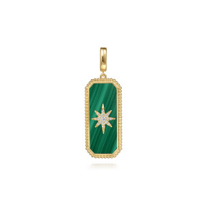 Gabriel & Co. PT6647Y45MA 14 karat yellow gold Bujukan pendant, front view of the green panel, the metal bead rim and the pave starburst