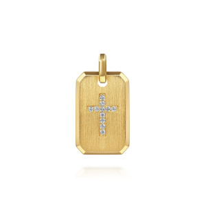 Gabriel & Co. PTM20032Y45JJ 14 karat yellow gold Modern Relics men's cross pendant, front view of a clipped-corner tag with a diamond cross set into a satin face