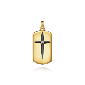 Gabriel & Co. PTM20137Y45JJ 14 karat yellow gold Modern Relics men's dog tag pendant, front view of the polished tag, its slender dark cross and the small diamond at the crossing