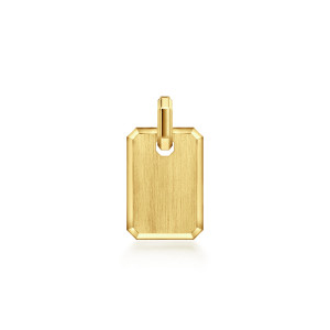 Gabriel & Co. PTM20157Y4JJJ 14 karat yellow gold Modern Relics men's dog tag pendant, front view of a brushed rectangular tag with clipped corners and a tube bail