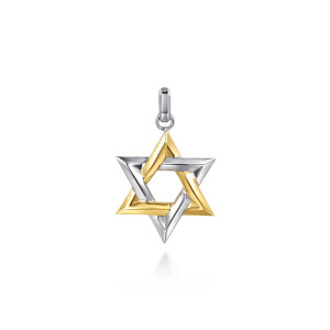 Gabriel & Co. PTM20165MZJJJ sterling silver and 14 karat yellow gold Modern Relics men's pendant, front view of a star of crossing bars with warmer and cooler toned bars