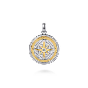 Gabriel & Co. PTM20166MZJWS sterling silver and 14 karat yellow gold Polaris men's compass pendant, front view of the compass face, a pointed star around one small stone with fine rays behind