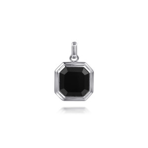 Gabriel & Co. PTM20169SVJOX sterling silver Modern Relics men's pendant, front view of the black faceted stone inside its stepped octagon frame