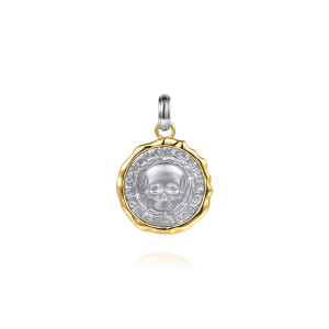Gabriel & Co. PTM20179MZJJJ sterling silver and 14 karat yellow gold Vita Ex Morte men's pendant, front view of the raised skull inside a ring of worn marks on a round disc