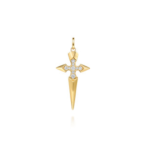Gabriel & Co. PTM20187Y45JJ 14 karat yellow gold Forged in Love men's pendant, front view of a cross with pointed arms, a cluster of colorless stones and a tapering blade