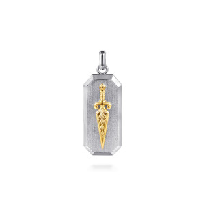 Gabriel & Co. PTM20188MZJJJ sterling silver and 14 karat yellow gold Forged in Love men's dog tag pendant, front view of a brushed tag with a raised dagger and a polished beveled edge