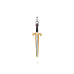Gabriel & Co. PTM20189E8MZJGN sterling silver and 14 karat yellow gold Forged in Love men's pendant, front view of the dagger with its engraved crossguard, red stone and black oval