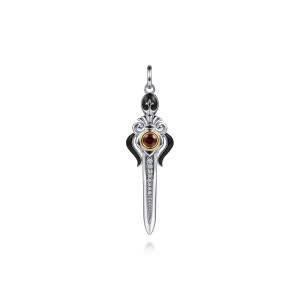 Gabriel & Co. PTM20190E8MZJMC sterling silver and 14 karat yellow gold Forged in Love men's pendant, front view of the dagger, its red stone hilt framed by scrolls and black guard wings