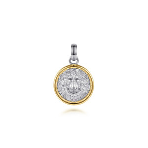 Gabriel & Co. PTM20196MZJJJ sterling silver and 14 karat yellow gold Modern Relics men's pendant, front view of the lion's head relief with a textured mane inside a smooth rim