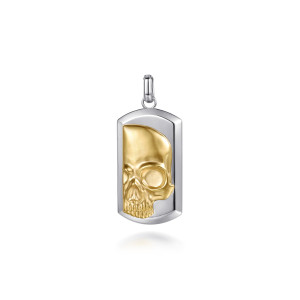 Gabriel & Co. PTM20198MZJJJ sterling silver and 14 karat yellow gold Vita Ex Morte men's dog tag pendant, front view of the polished tag with a raised satin half skull and a beveled rim