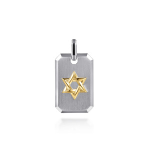 Gabriel & Co. PTM20201MZJJJ sterling silver and 14 karat yellow gold Modern Relics men's pendant, front view of the brushed tag with its raised polished star and bright edges