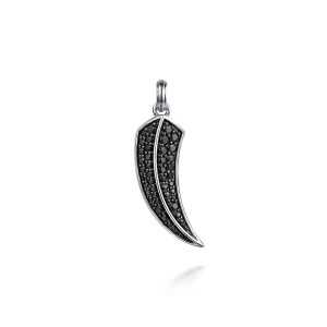Gabriel & Co. PTM20204SVJBS sterling silver Modern Relics men's horn pendant, front view of the curved horn with two strips of small black stones split by a raised ridge
