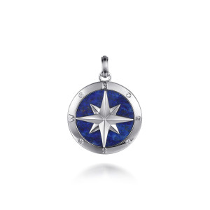 Gabriel & Co. PTM20205SV5LP sterling silver Polaris men's compass pendant, front view of the compass star over blue inlay inside a rim of raised letters