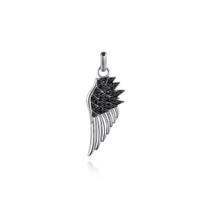 Gabriel & Co. PTM20206SVJBS sterling silver Modern Relics men's pendant, front view of a wing with jagged black stone sections above long polished feather ridges