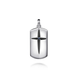 Gabriel & Co. PTM20208SVJSB sterling silver Modern Relics men's dog tag pendant, front view of the polished tag with a dark pointed cross and one blue stone at its center
