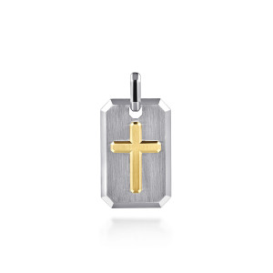 Gabriel & Co. PTM20212MZJJJ sterling silver and 14 karat yellow gold Modern Relics men's cross pendant, front view of the brushed tag with clipped corners and a raised cross in a warmer tone