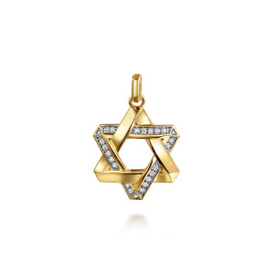 Gabriel & Co. PTM20214Y45JJ 14 karat yellow gold Modern Relics men's pendant, front view of the woven star, stone lined bands alternating with polished folded bands