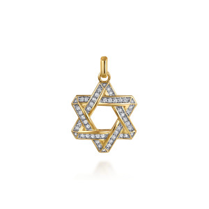 Gabriel & Co. PTM20215Y45JJ 14 karat yellow gold Modern Relics men's pendant, front view of the woven star, stone lined bands crossing over an open center