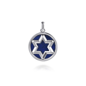Gabriel & Co. PTM20216SVJLP sterling silver Modern Relics men's pendant, front view of a round medallion with deep blue inlay and a raised star outline