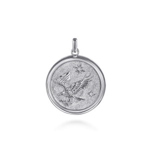 Gabriel & Co. PTM20217SV5JJ sterling silver Modern Relics men's medallion pendant, front view of the round medallion with a raised eagle and diamond stars on a stippled field