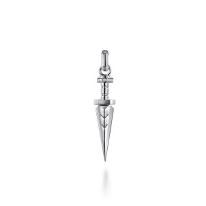 Gabriel & Co. PTM20218SVJWS sterling silver Modern Relics men's pendant, front view of a dagger with chevron cuts on the blade and a stone set collar