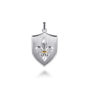Gabriel & Co. PTM20219MZJJJ sterling silver and 14 karat yellow gold Modern Relics men's dog tag pendant, front view of the shield with its brushed face, polished rim and raised fleur-de-lis