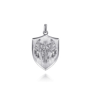 Gabriel & Co. PTM20220SVJJJ sterling silver Modern Relics men's dog tag pendant, front view of the shield with a raised winged figure and a sword on a brushed field