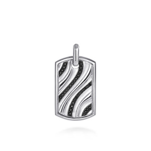 Gabriel & Co. PTM20221SVJBS sterling silver Meridian men's dog tag pendant, front view of the rippled face with rows of tiny black stones in the grooves and polished rim