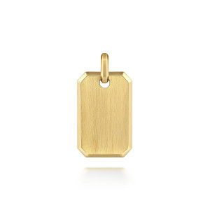 Gabriel & Co. PTM6530Y4JJJ 14 karat yellow gold Modern Relics men's dog tag pendant, front view of the brushed rectangular tag with clipped corners and a polished beveled border