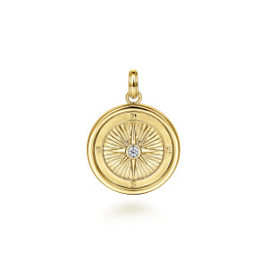 Gabriel & Co. PTM6531Y44JJ 14 karat yellow gold Polaris men's compass pendant, front view of the compass medallion with its center diamond and raised rim
