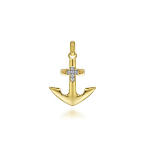 Gabriel & Co. PTM6539Y45JJ 14 karat yellow gold Modern Relics men's anchor pendant, front view of an anchor with a small diamond cross set into its shank