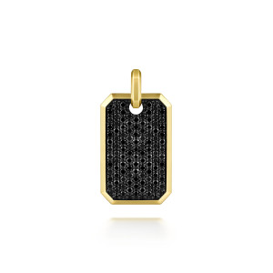 Gabriel & Co. PTM6548Y4JBD 14 karat yellow gold Modern Relics men's dog tag pendant, front view of the clipped corner tag filled with rows of small black stones, loop above