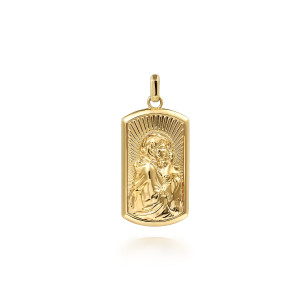 Gabriel & Co. PTM6549Y4JJJ 14 karat yellow gold Modern Relics men's pendant, front view of the rounded tag with a sculpted robed figure and fanned rays inside a smooth rim