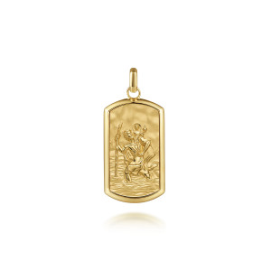 Gabriel & Co. PTM6550Y4JJJ 14 karat yellow gold Modern Relics men's pendant, front view of a dog tag with a bearded figure in relief and a polished rim