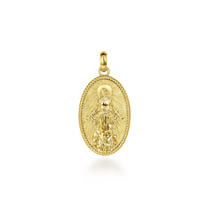 Gabriel & Co. PTM6551Y4JJJ 14 karat yellow gold Hampton men's pendant, front view of the oval medallion with the standing figure and twisted rope border