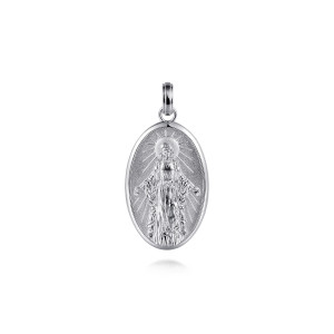 Gabriel & Co. PTM6552SVJJJ sterling silver Modern Relics men's pendant, front view of the oval medallion with a polished robed figure on a frosted field