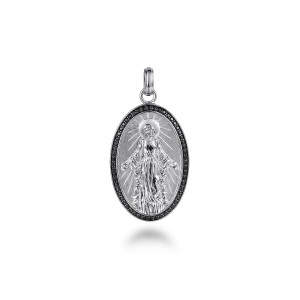 Gabriel & Co. PTM6553SVJBS sterling silver Modern Relics men's pendant, front view of the oval medal with a raised robed figure and a rim of small black stones