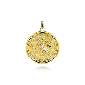 Gabriel & Co. PTM6554Y4JJJ 14 karat yellow gold Modern Relics men's pendant, front view of the round medallion, its raised robed figure, rippled ground and polished rim
