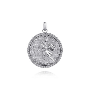 Gabriel & Co. PTM6555SVJJJ sterling silver Hampton men's pendant, front view of the medallion, a raised wading figure with a staff inside a twisted rope border
