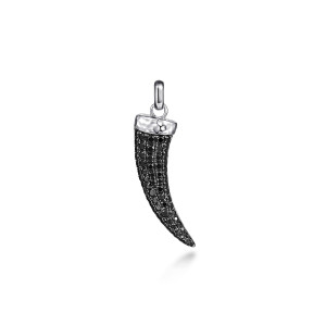 Gabriel & Co. PTM6582SVJBS sterling silver Modern Relics men's horn pendant, front view of the curved horn with rows of black stones under a hammered cap