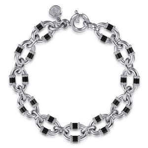 Gabriel & Co. TB100-7E8SVJJJ sterling silver Bujukan bracelet, front view of oval links with black enamel barrels, a round spring ring clasp and maker's tag