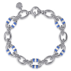 Gabriel & Co. TB101-7EMSVJJJ sterling silver Bujukan bracelet, front view of the looped chain with a spring ring clasp and a maker's tag