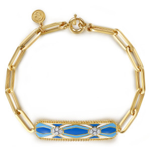 Gabriel & Co. TB103-7EMM45JJ 14 karat white and yellow gold Bujukan bracelet, front view of the chain with an enamel bar, a spring ring and a maker's tag