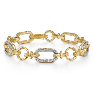 Gabriel & Co. TB2498M44JJ 14 karat white and yellow gold Hampton bracelet, front view of pave set open links alternating with twisted rope rings and a box clasp