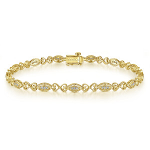 Gabriel & Co. TB2557Y45JJ 14 karat yellow gold Victorian bracelet, front view of the loop of stone set ovals and heart links closing on a box clasp