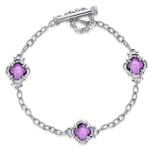 Gabriel & Co. TB2648SVJAM sterling silver Bujukan bracelet, front view of three framed purple stones on a textured chain with a toggle at the top