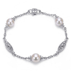 Gabriel & Co. TB2951SVJPL sterling silver Victorian bracelet, front view of a looped chain of pearls and filigree stations with a barrel shaped closure