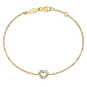 Gabriel & Co. TB2988Y45JJ 14 karat yellow gold Lusso bracelet, front view of a diamond heart on a fine chain with a lobster clasp and maker's tag